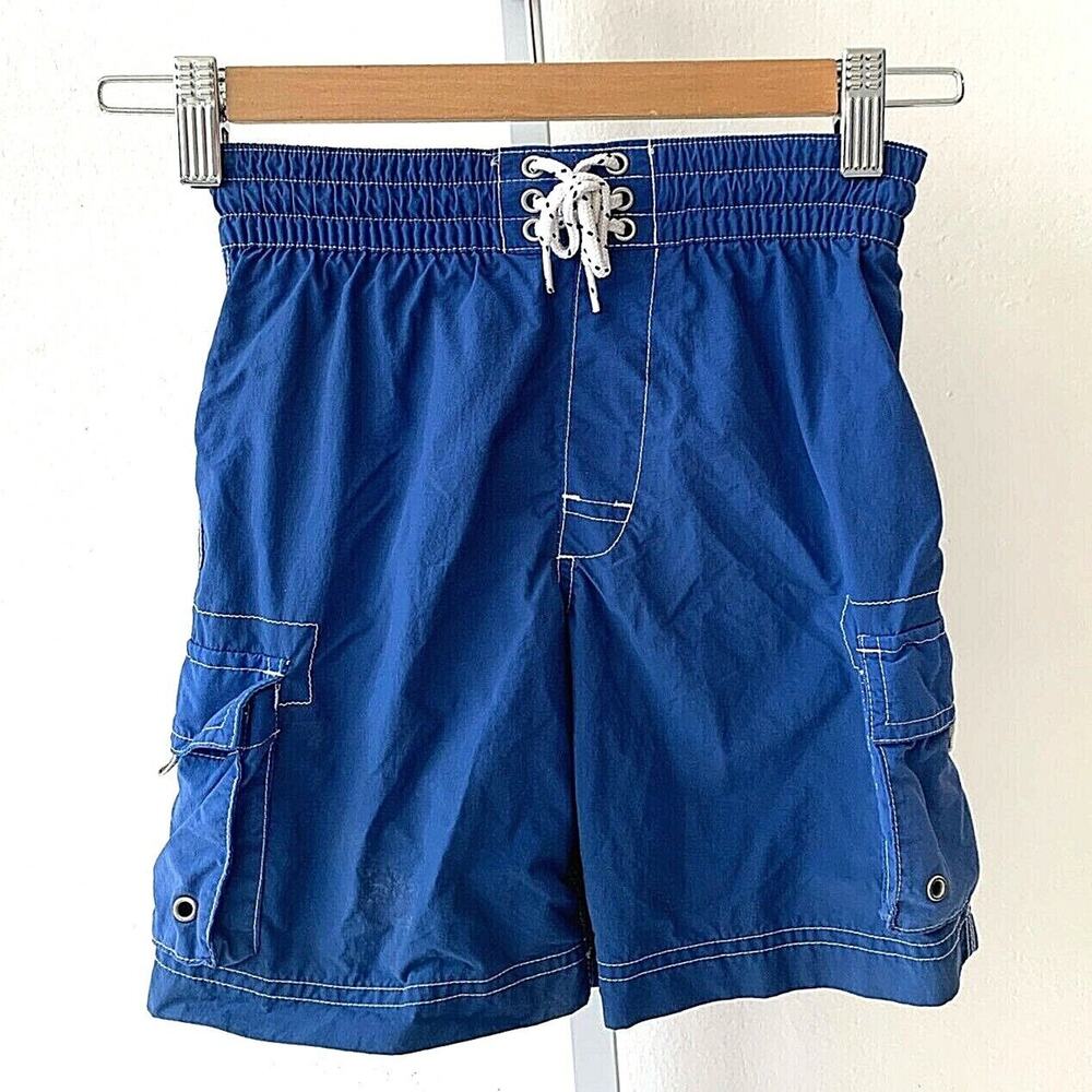 LANDS' END Boys Swim Trunks Cargo Pockets Swimsuit Bottoms Mesh Liner Blue 5 6
